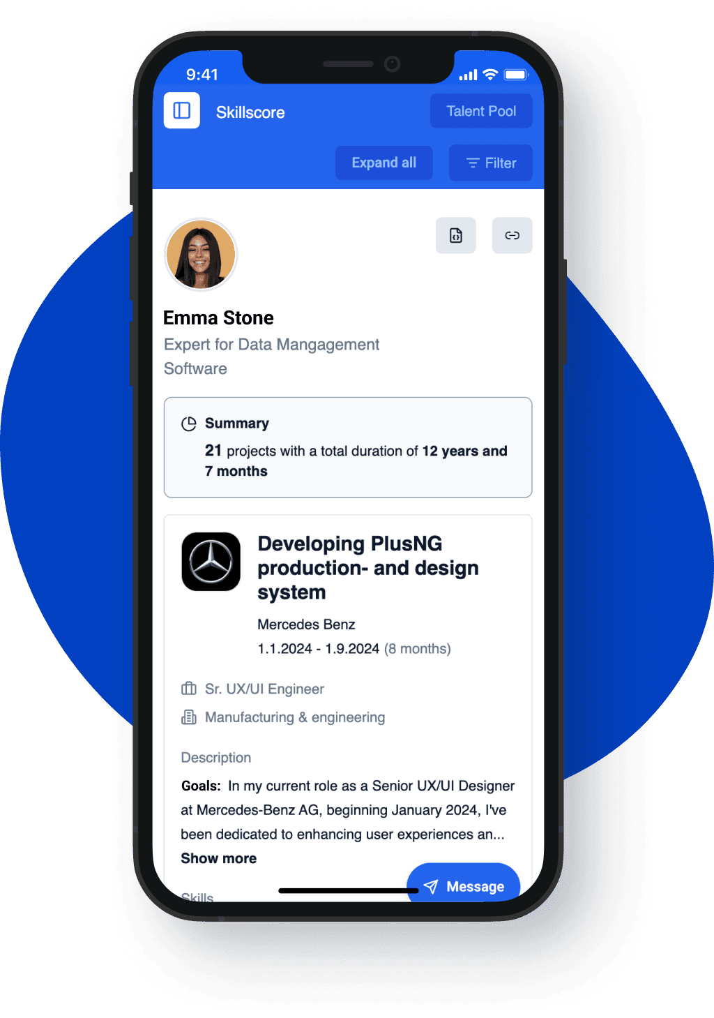 Skillscore platform interface displaying interactive resume builder and skill analytics dashboard on mobile device